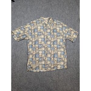 Campia Moda Shirt Mens Large Blue Tan Rayon Hawaiian Aloha Button Front Tropical
